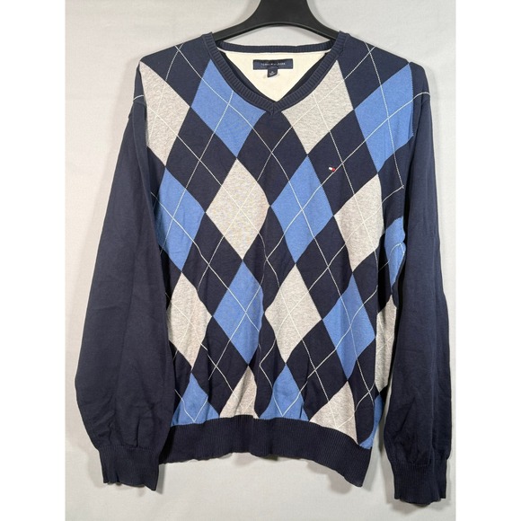 Tommy Hilfiger Other - Tommy Hilfiger Mens Argyle V Neck Sweater Navy Blue Light Blue Grey XL